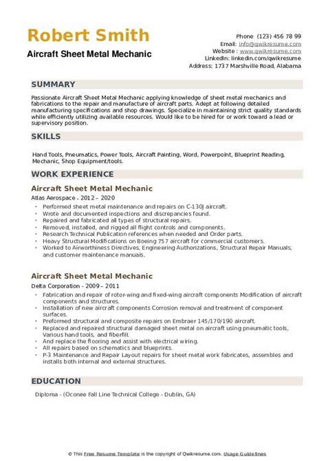 aircraft sheet metal mechanic resume example|Aircraft Sheet Metal Mechanic Resume Sample & Tips .